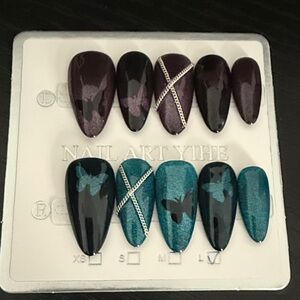 Press-On Nails - Black and Teal Butterfly Design